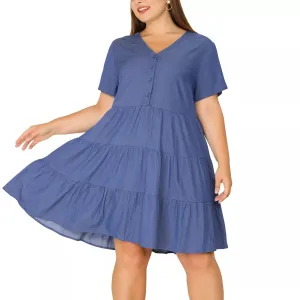 Agnes Orinda Women's Denim Tiered Chambray Midi Dress Plus Size Short Sleeve , dark blue