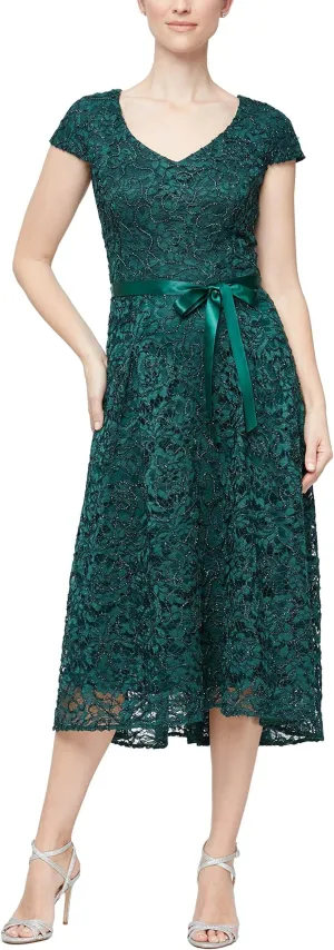 Alex Evenings High Low Short Sleeve Evening Dress Hunter Green color