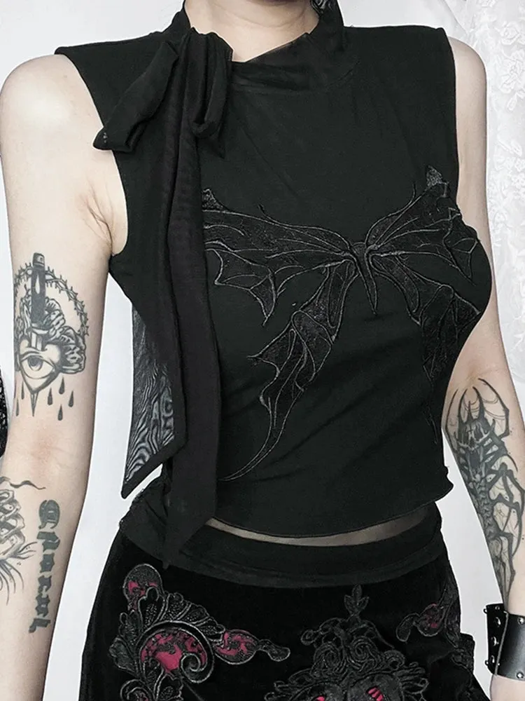 AltGoth Aesthetic Y2K Dark Gothic Butterfly Printed Lace-up Fairycore Indie Grunge Streetwear Crop Top