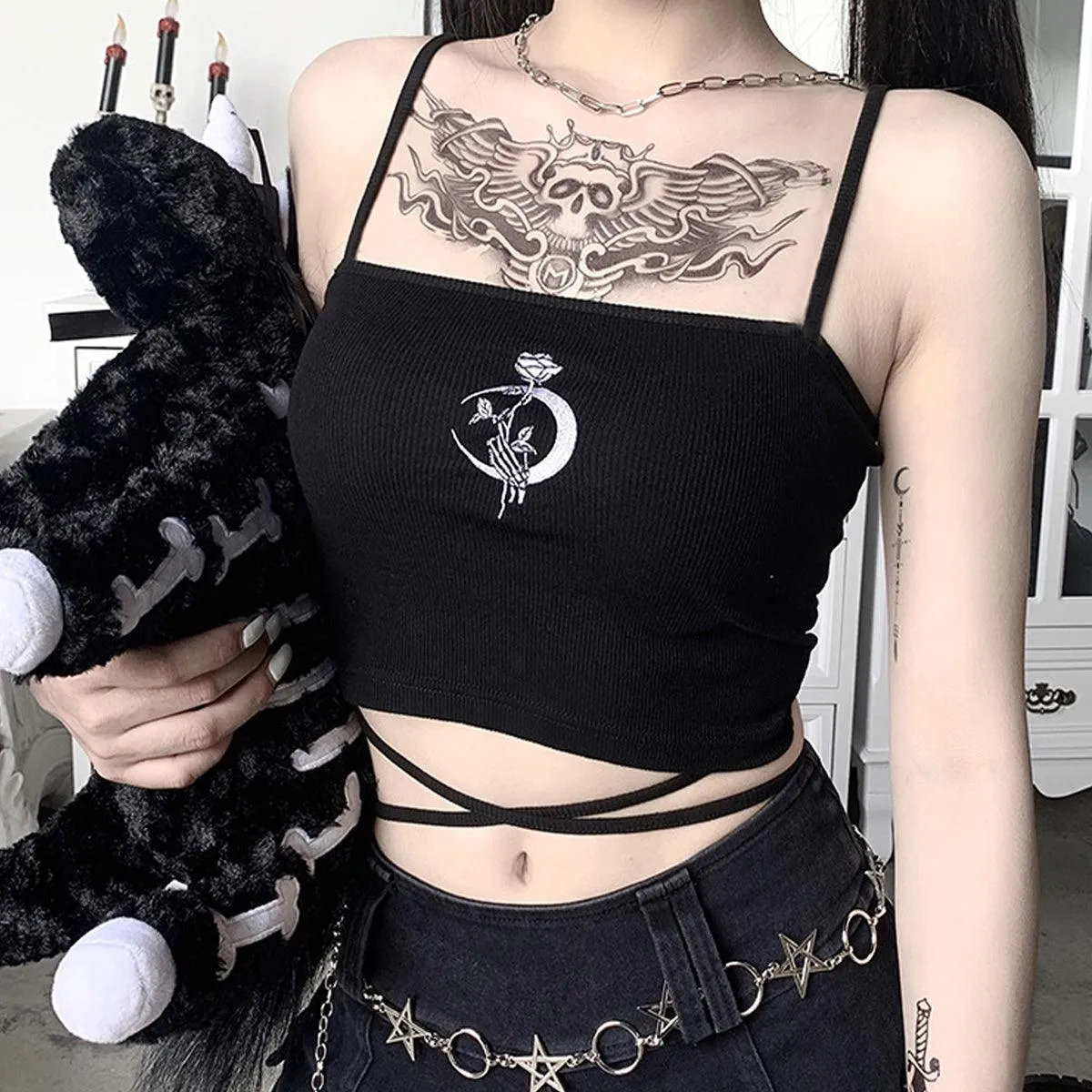 benpaolv Crescent Moon Rose Black Crop Top