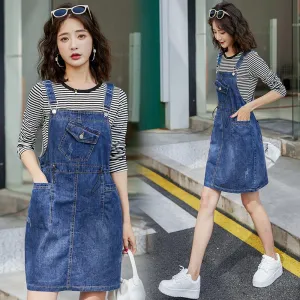 Chic Slimming Cinched Waist Suspender A-Line Skirt Loose Fit Pinafore Denim Skirt