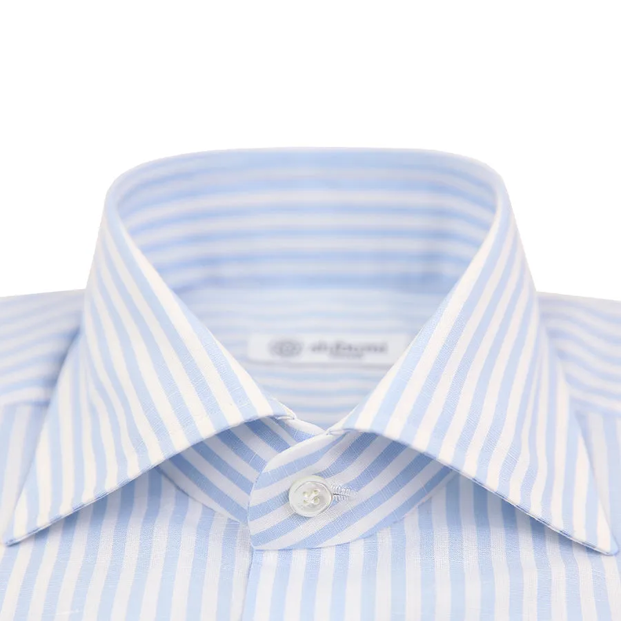 Cotton / Linen Semi Spread Shirt - White / Sky Blue - Butcher Stripe