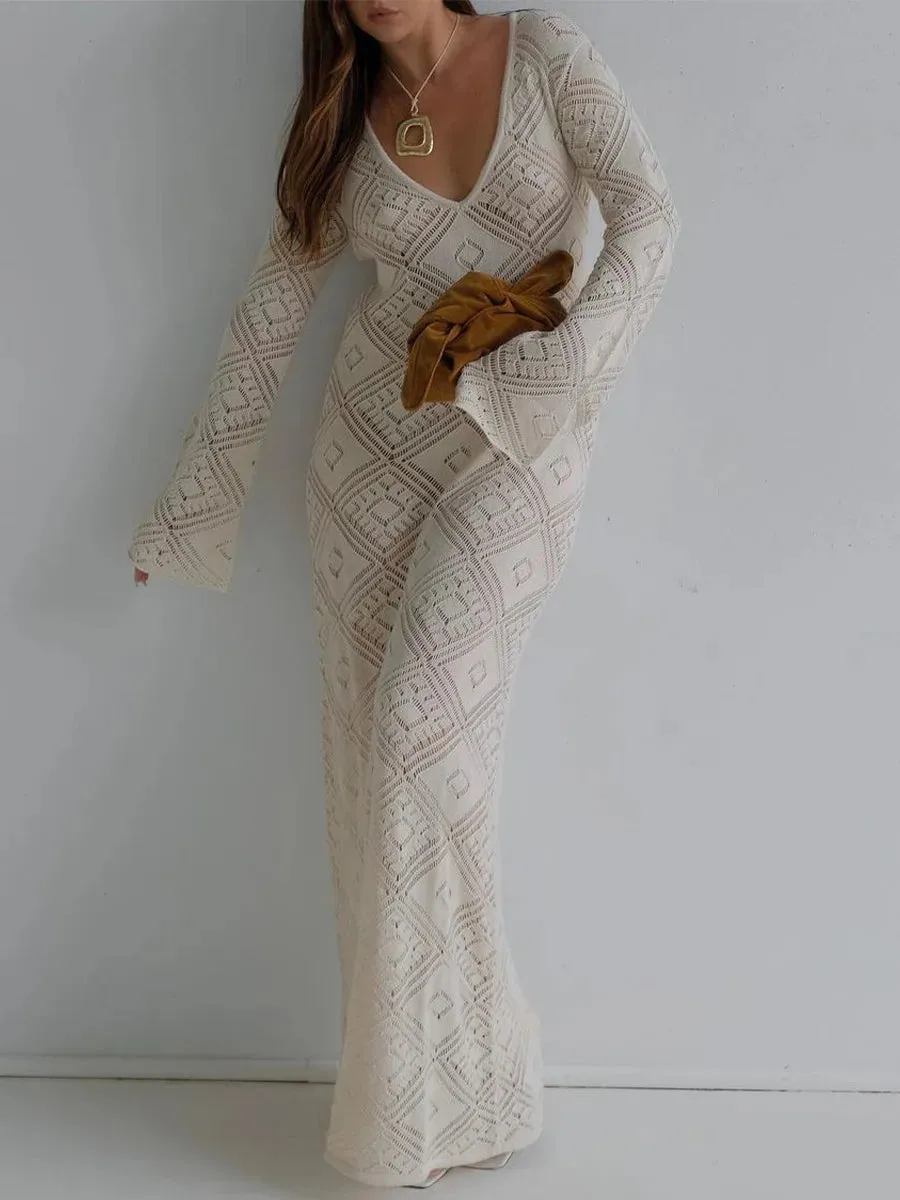 Deep V Knit Hollow Maxi Dress Sweater