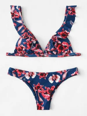 Flower Print Ruffle Bikini Set