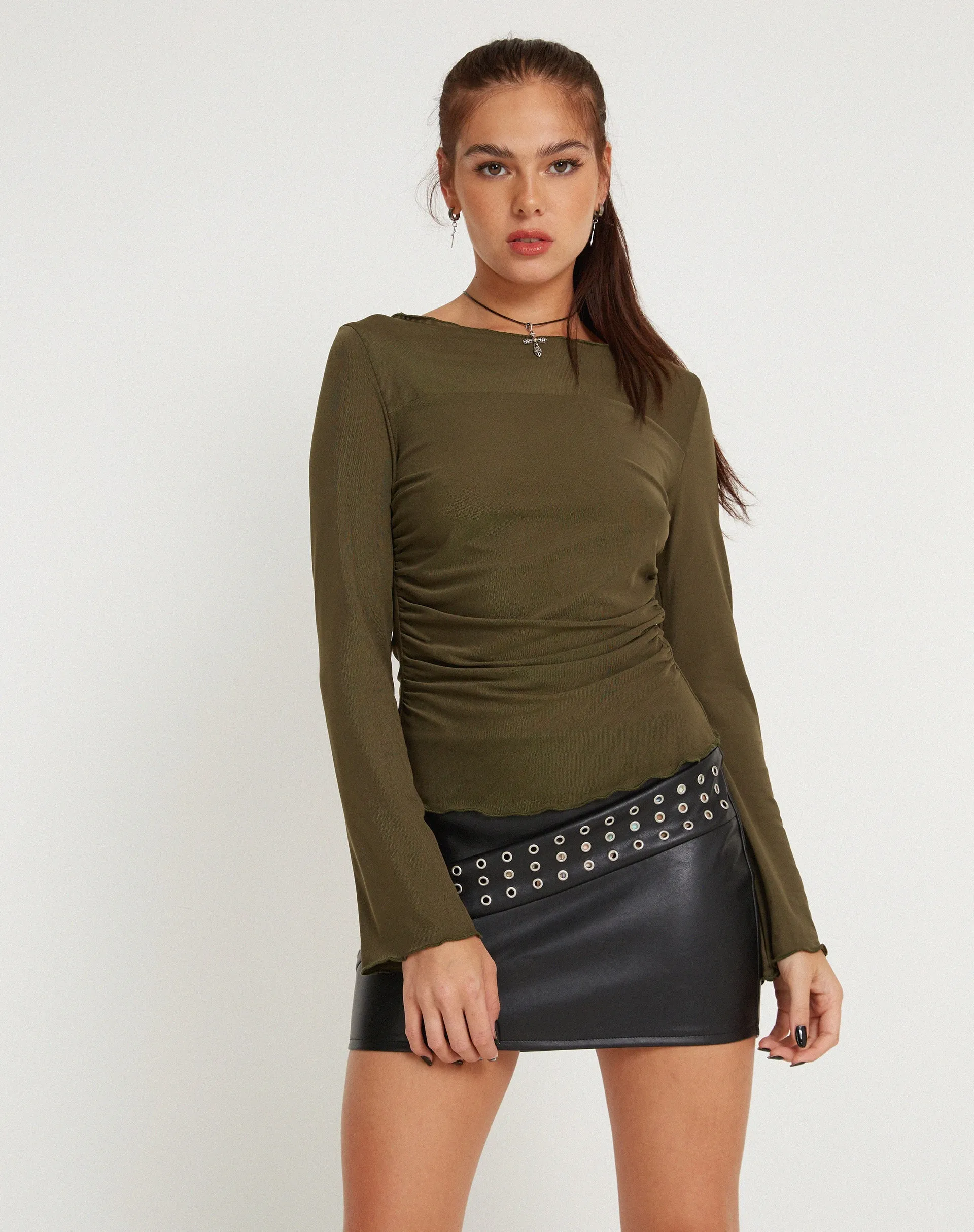 Minha Low Rise Eyelet Mini Skirt in PU Black