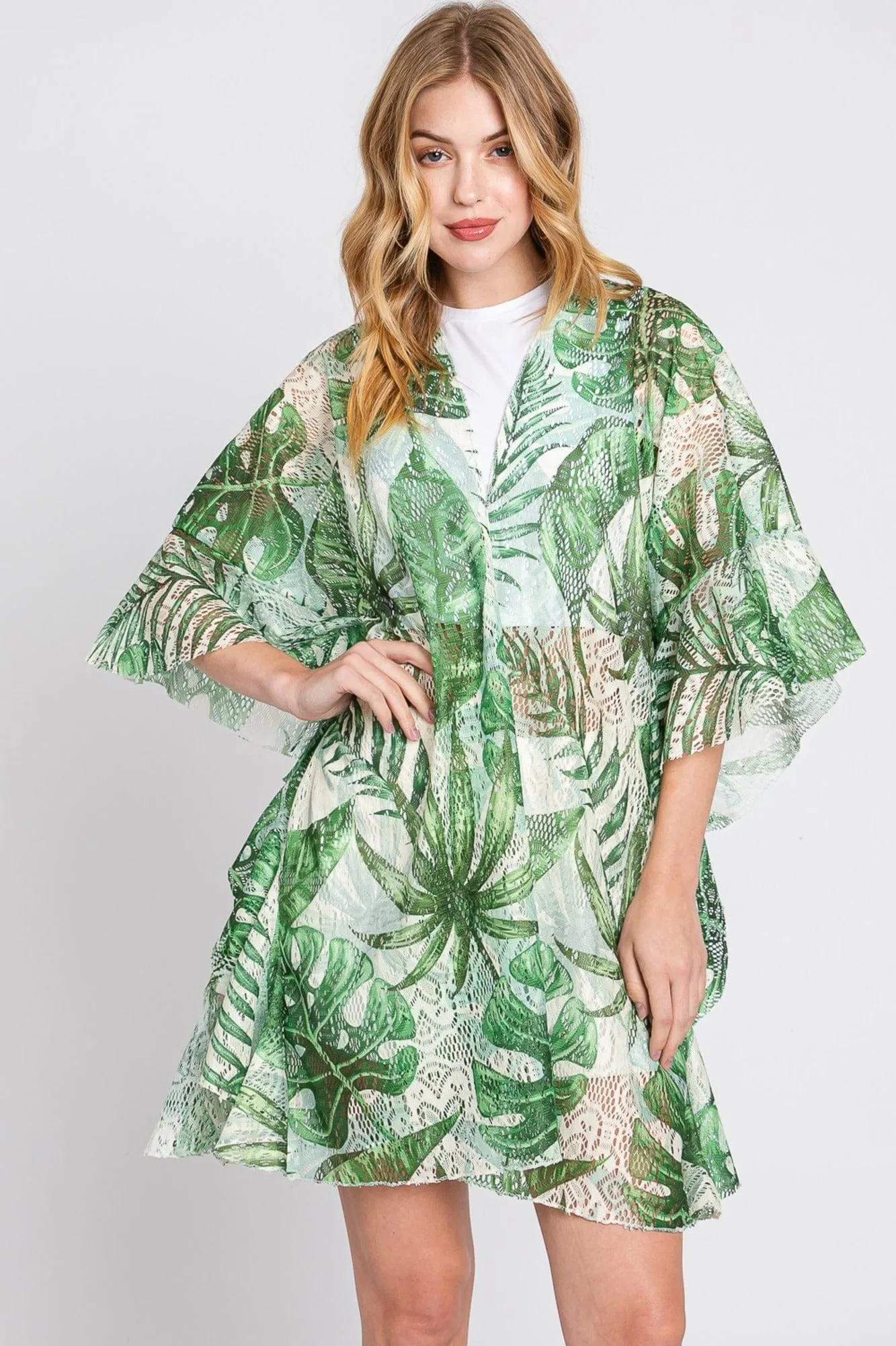 MS0356 Ruffle Lined Tropical Leaves Kimono