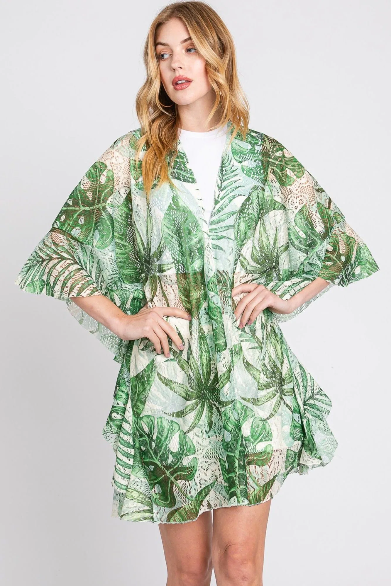 MS0356 Ruffle Lined Tropical Leaves Kimono