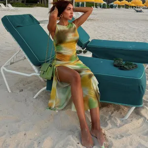 Printed Mesh See through Sexy Sleeveless Round Neck Split Dress Beach