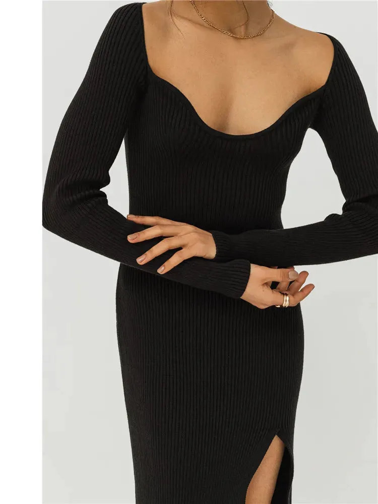 Ribbed Maxi Dress with Square Collar and Slit