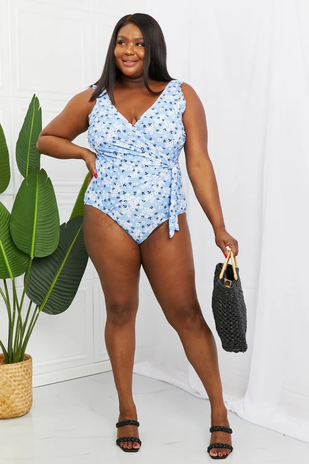 Ruffle Faux Wrap One-Piece in Blossom Blue