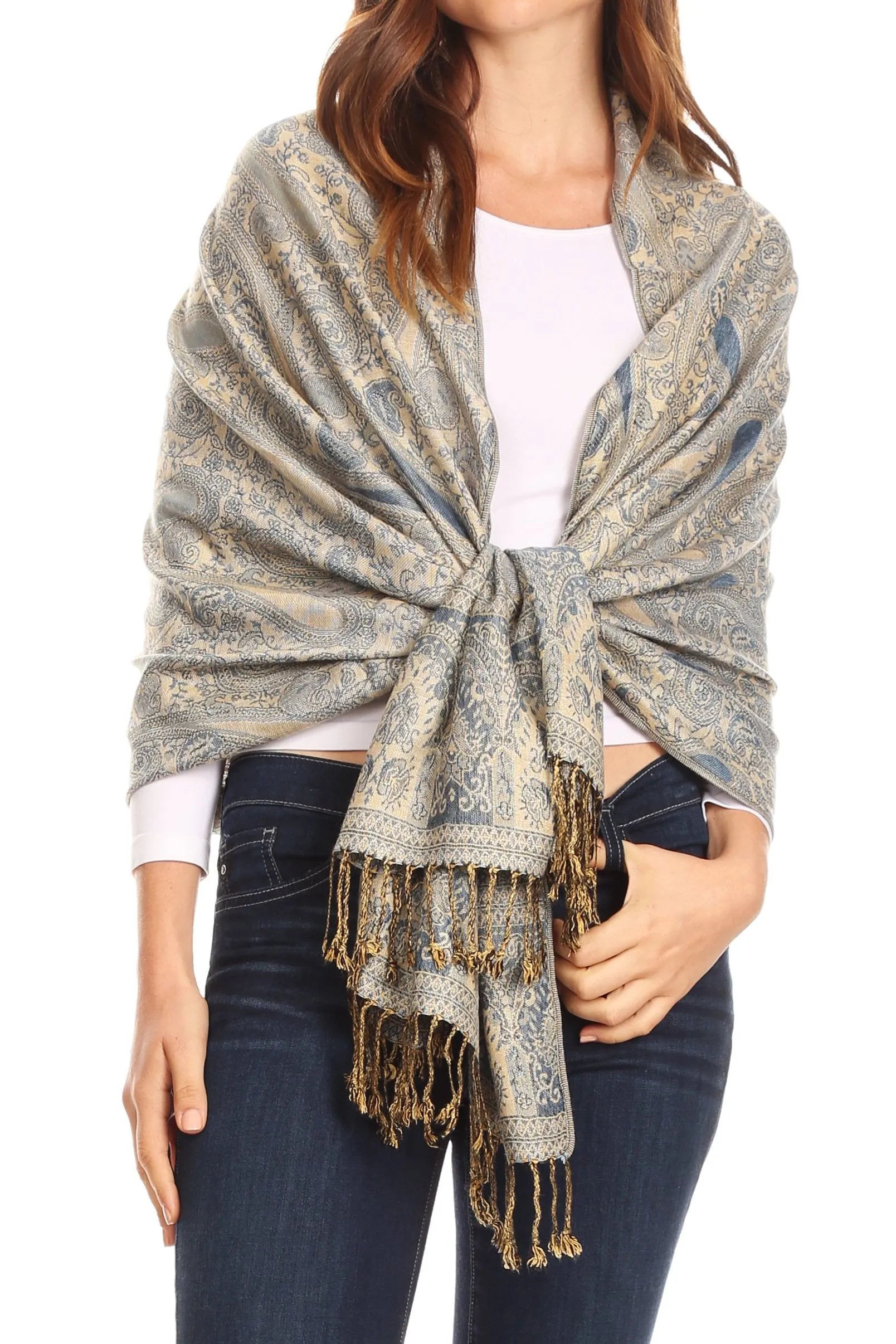 Sakkas Kalin Long Wide Woven Patterned Fringe Tassel Pashmina Shawl / Scarf