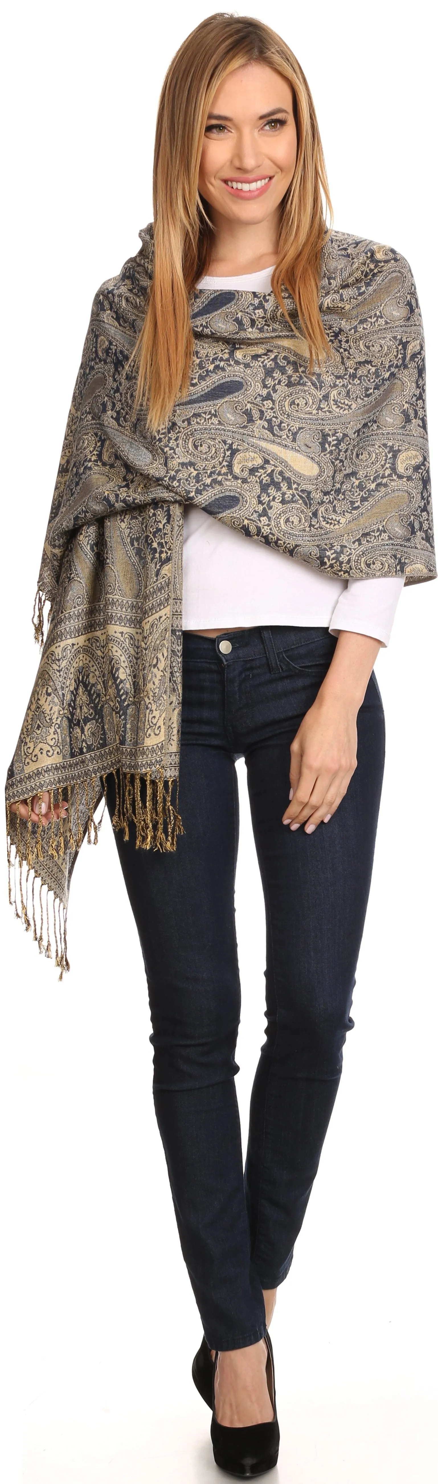 Sakkas Kalin Long Wide Woven Patterned Fringe Tassel Pashmina Shawl / Scarf