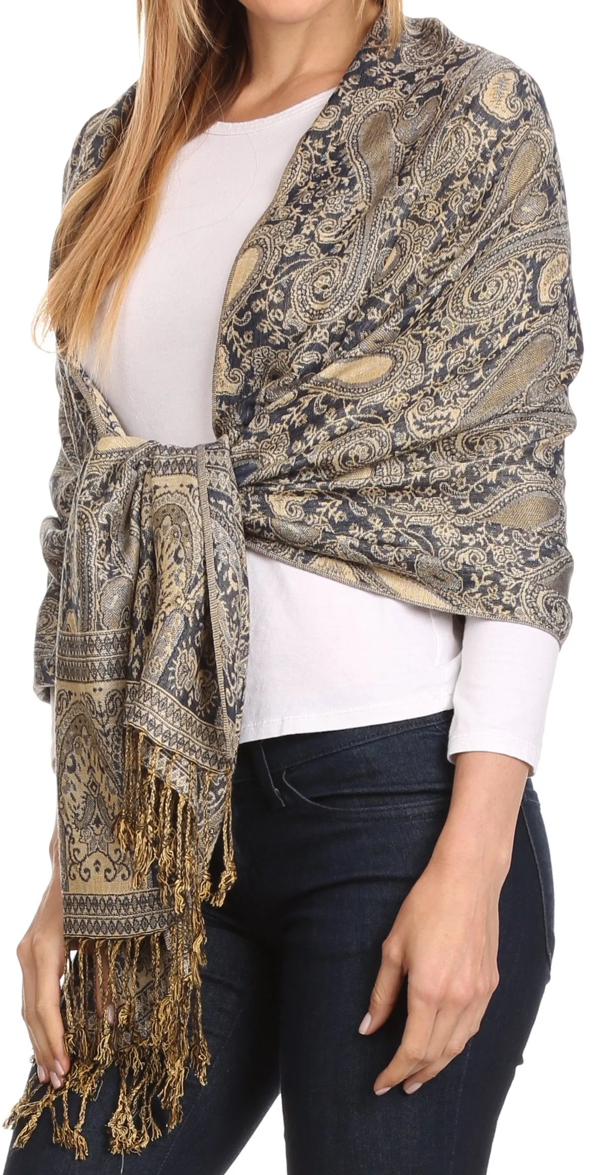 Sakkas Kalin Long Wide Woven Patterned Fringe Tassel Pashmina Shawl / Scarf