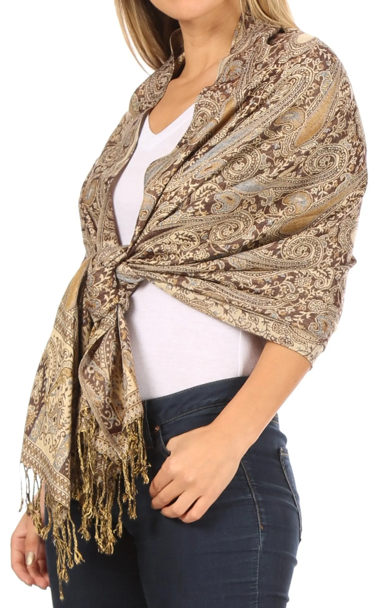 Sakkas Kalin Long Wide Woven Patterned Fringe Tassel Pashmina Shawl / Scarf