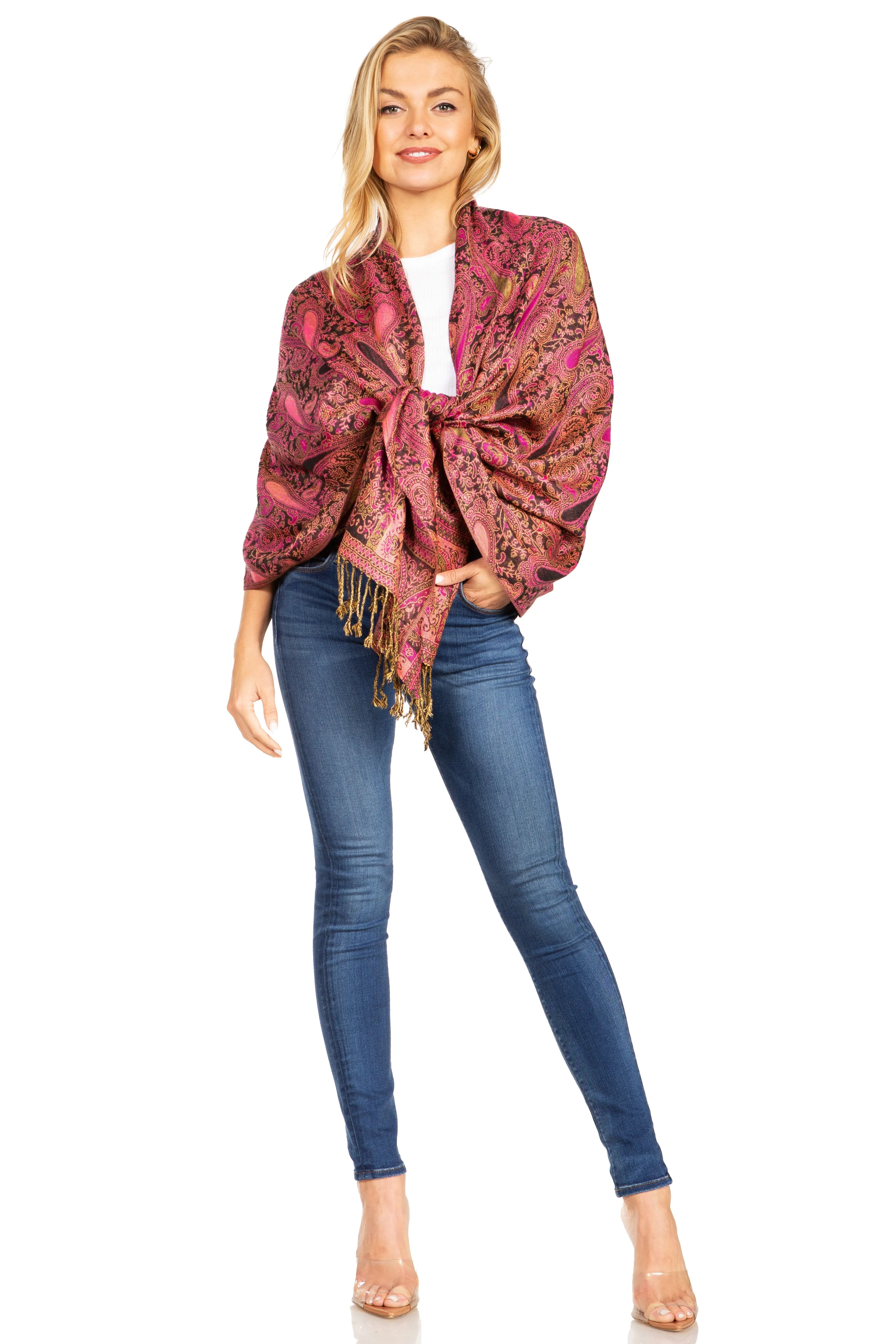 Sakkas Kalin Long Wide Woven Patterned Fringe Tassel Pashmina Shawl / Scarf