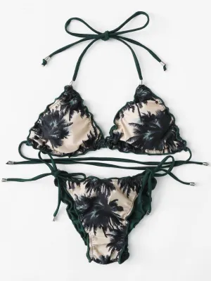 Self Tie Palm Print Bikini Set