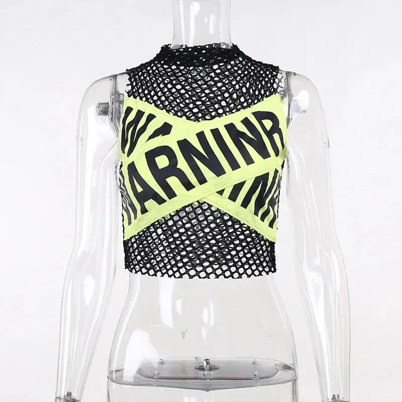 Trendy Mesh Hollow Out Warning Letter Patchwork Tank Top