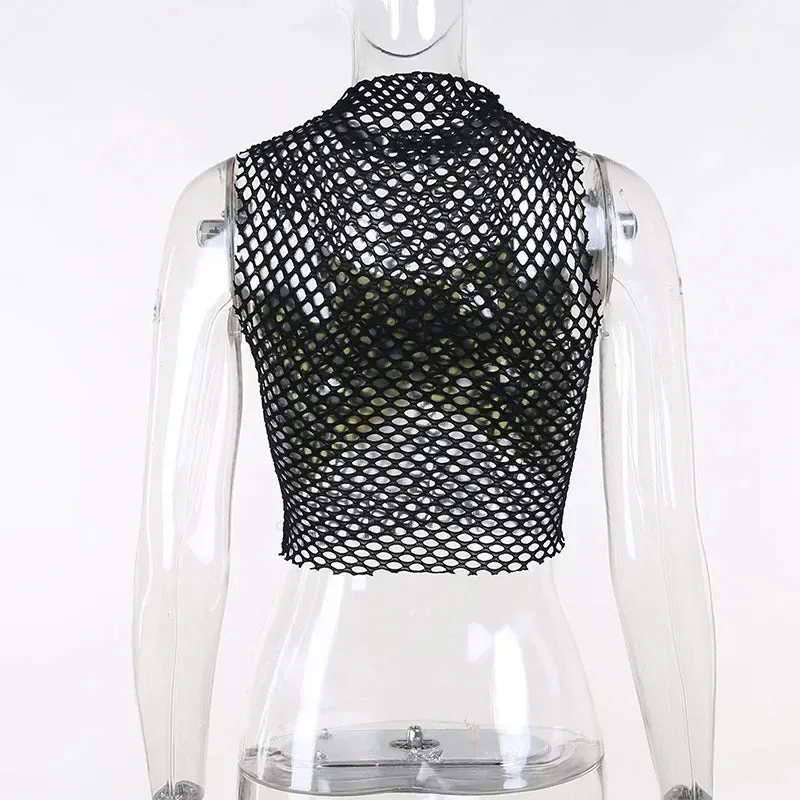 Trendy Mesh Hollow Out Warning Letter Patchwork Tank Top