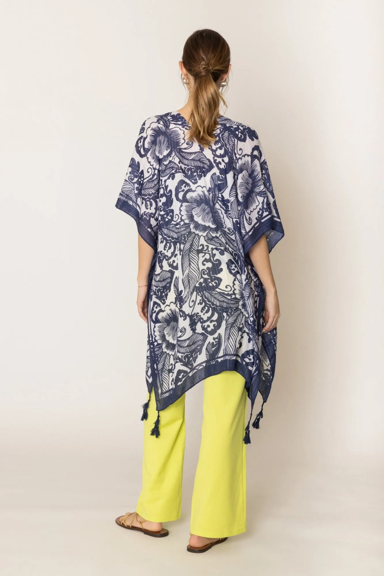 WLK410110 Two Tone Mixed Pattern Kimono With Tassels