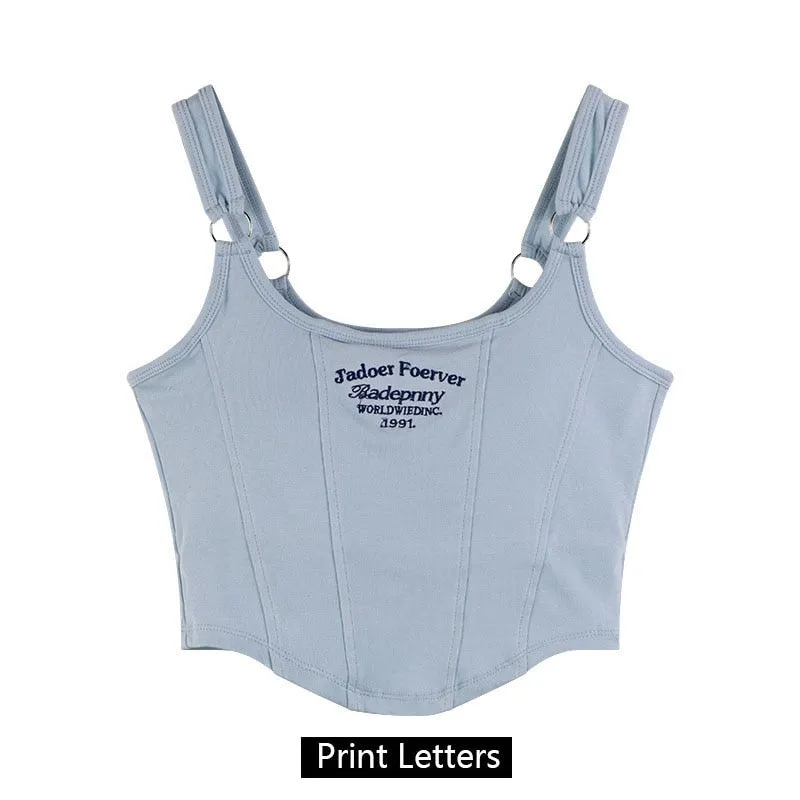 Women Sleeveless Crop Top Tank Tops Sexy Vest Letters Y2K Solid Color Short Women&#39;s T-shirt Camisole Crop Top With Bra Pad